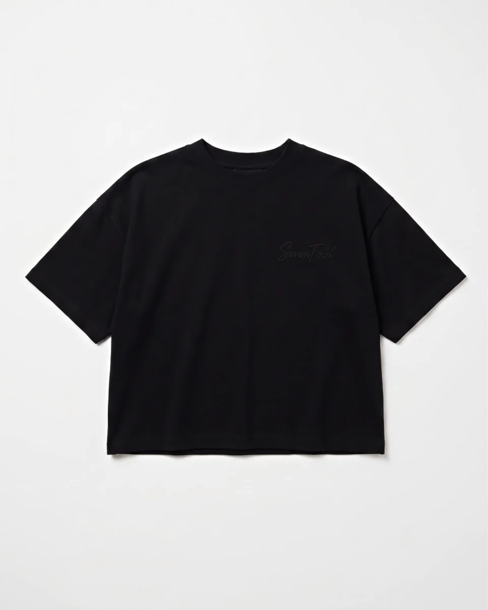 quiet-crop-tee-black-flat-lay-front-profile-severfold