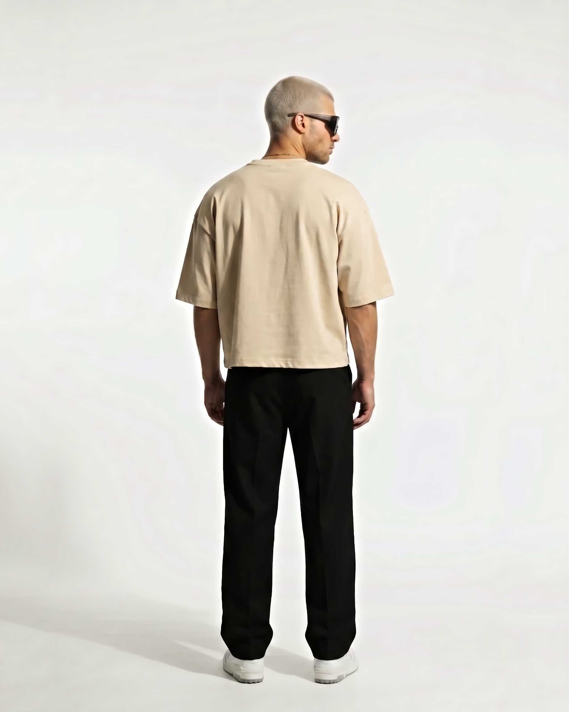 Sevenfold Quiet Crop Tee in Beige - Back View with Black Wide Leg Trousers | Drop 003