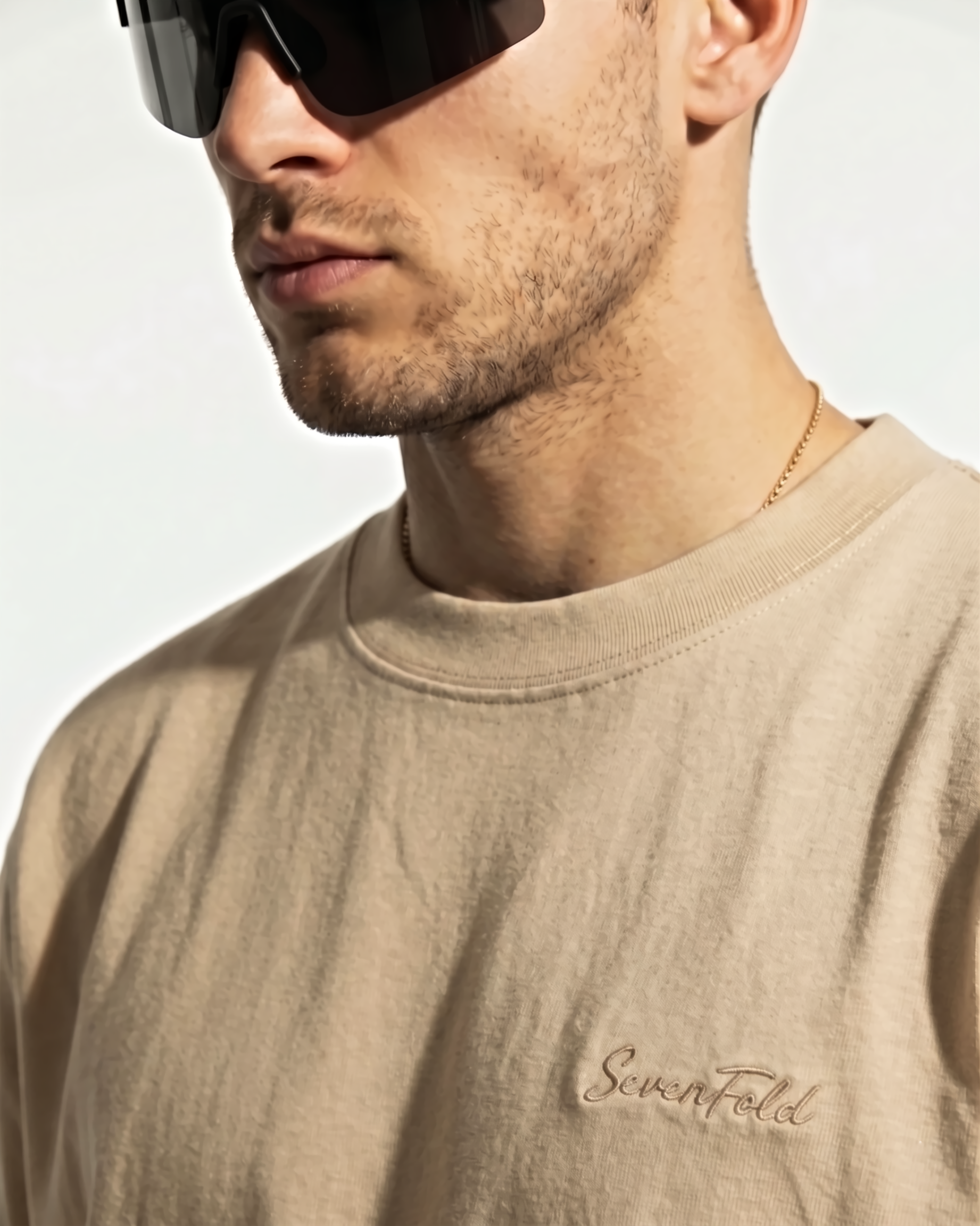Sevenfold Quiet Crop Tee in Beige - Tone on Tone SevenFold Chest Embroidery Detail | Drop 003