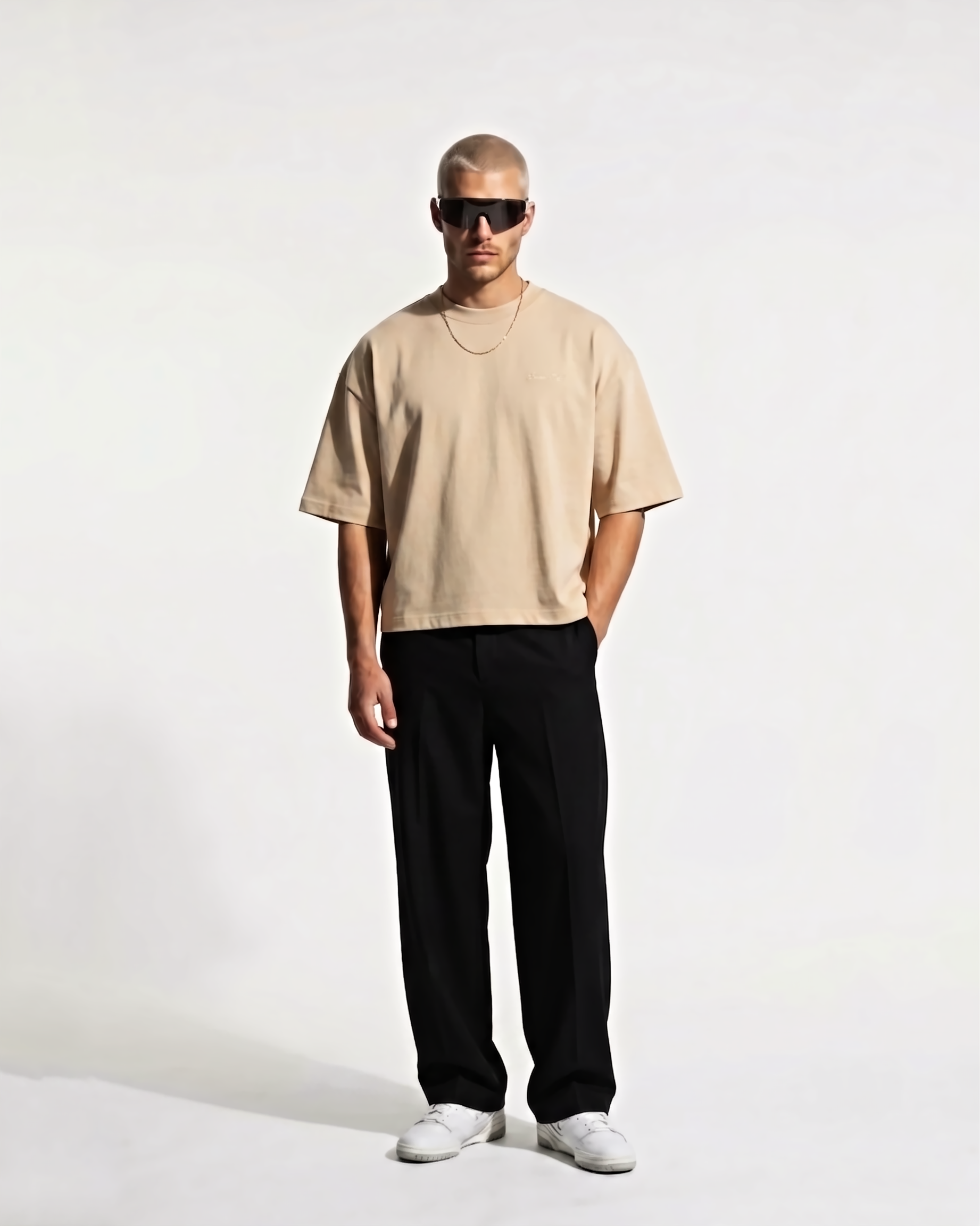 Sevenfold Quiet Crop Tee in Beige - Front Hero Shot with Black Trousers | Drop 003