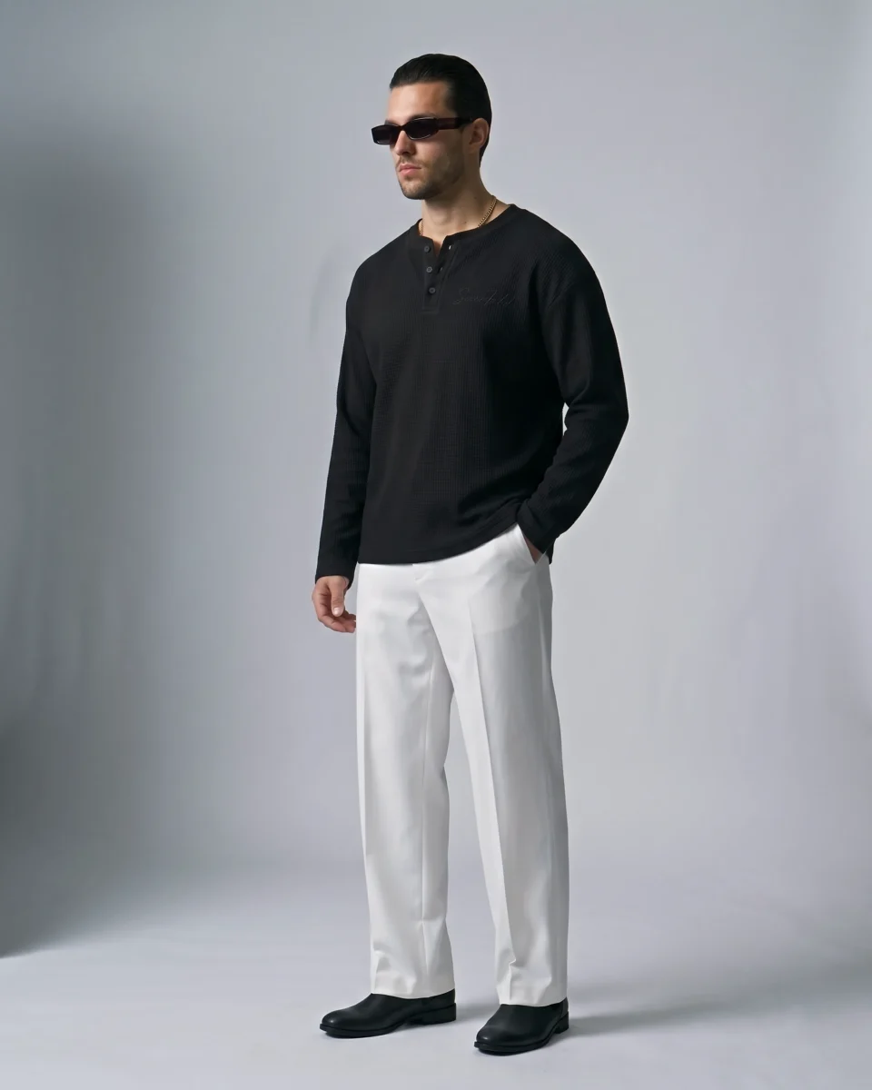 Signature Henley Black – Premium Waffle Texture Long Sleeve Tee