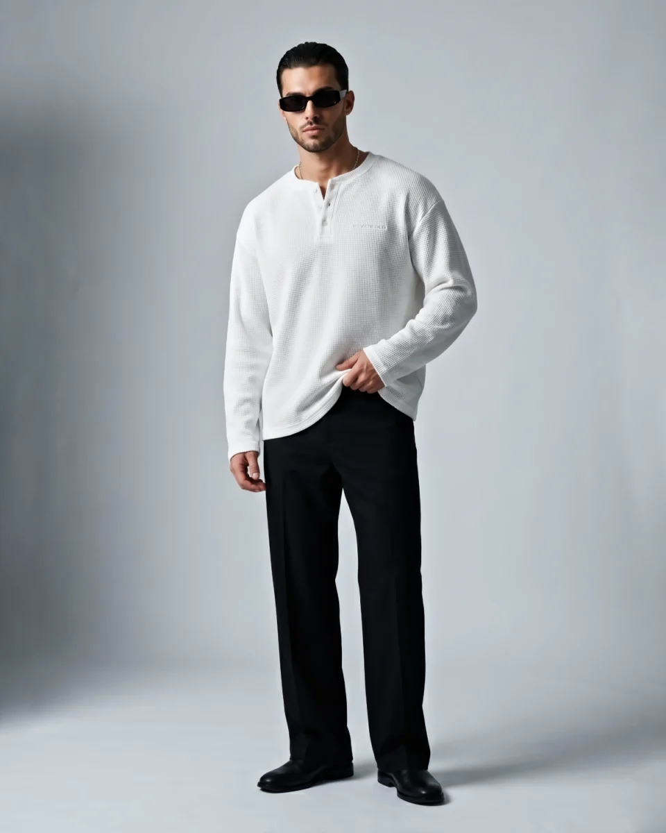 Signature Henley White – Premium Waffle Texture Long Sleeve Tee