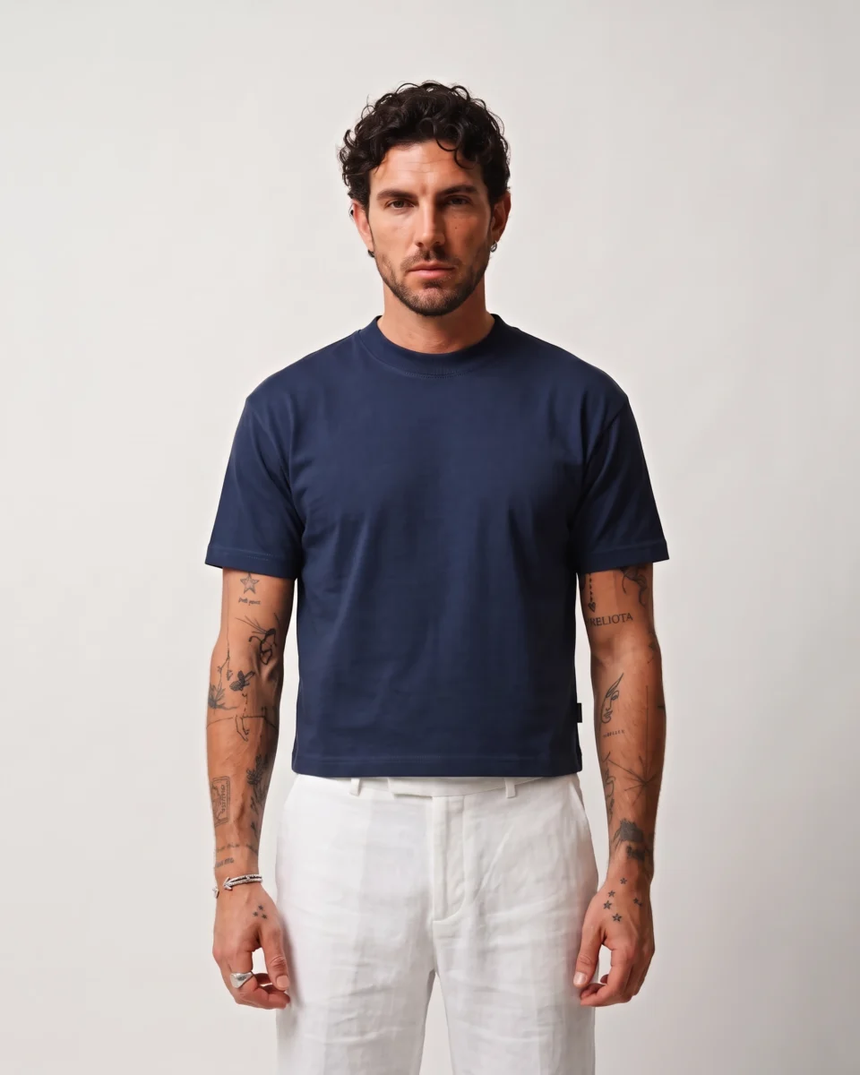 Men's Navy Blue Muscle Fit Boxy Oversized Cropped T-Shirt