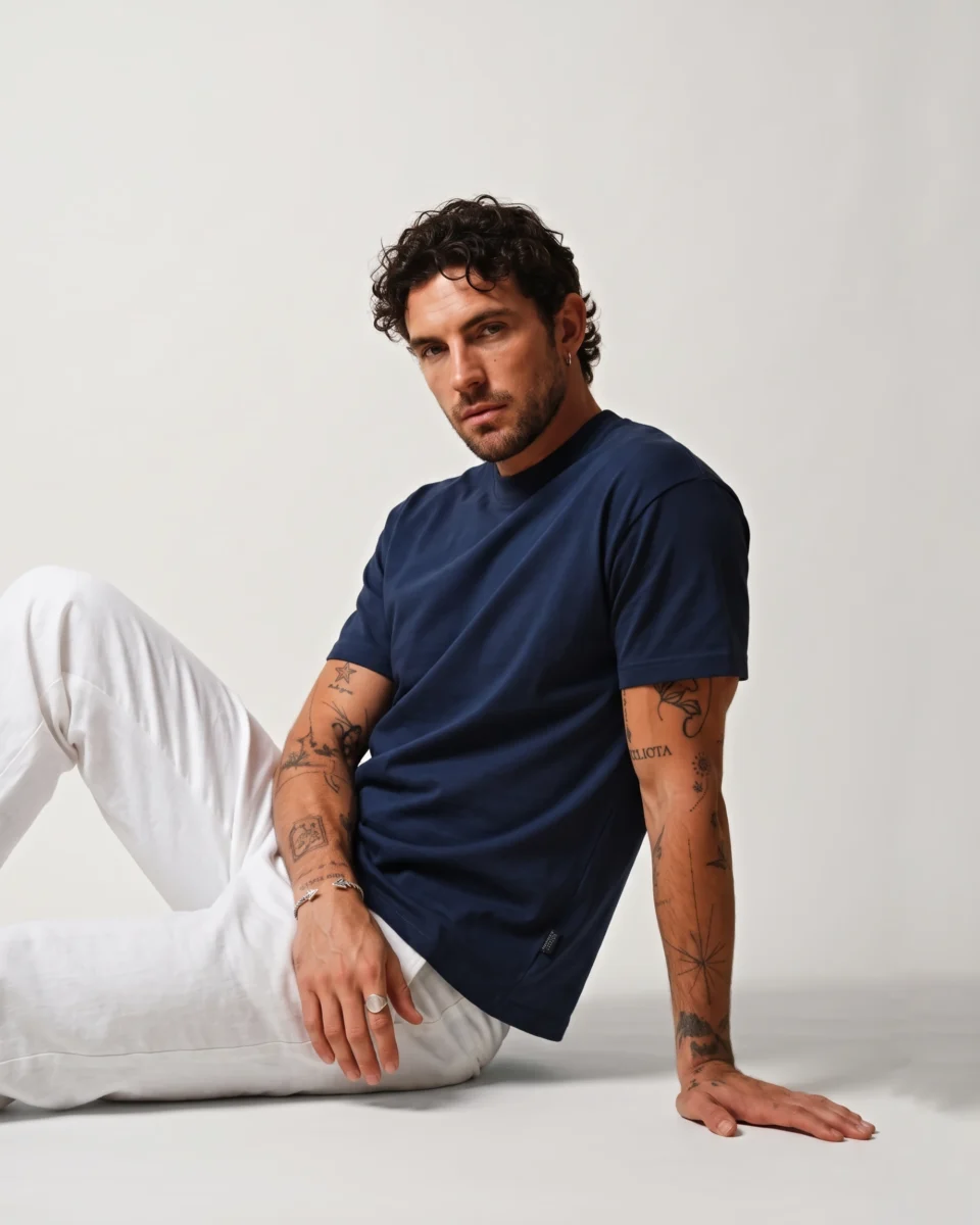 Model wearing a navy blue boxy fit T-shirt and white trousers in a seated pose