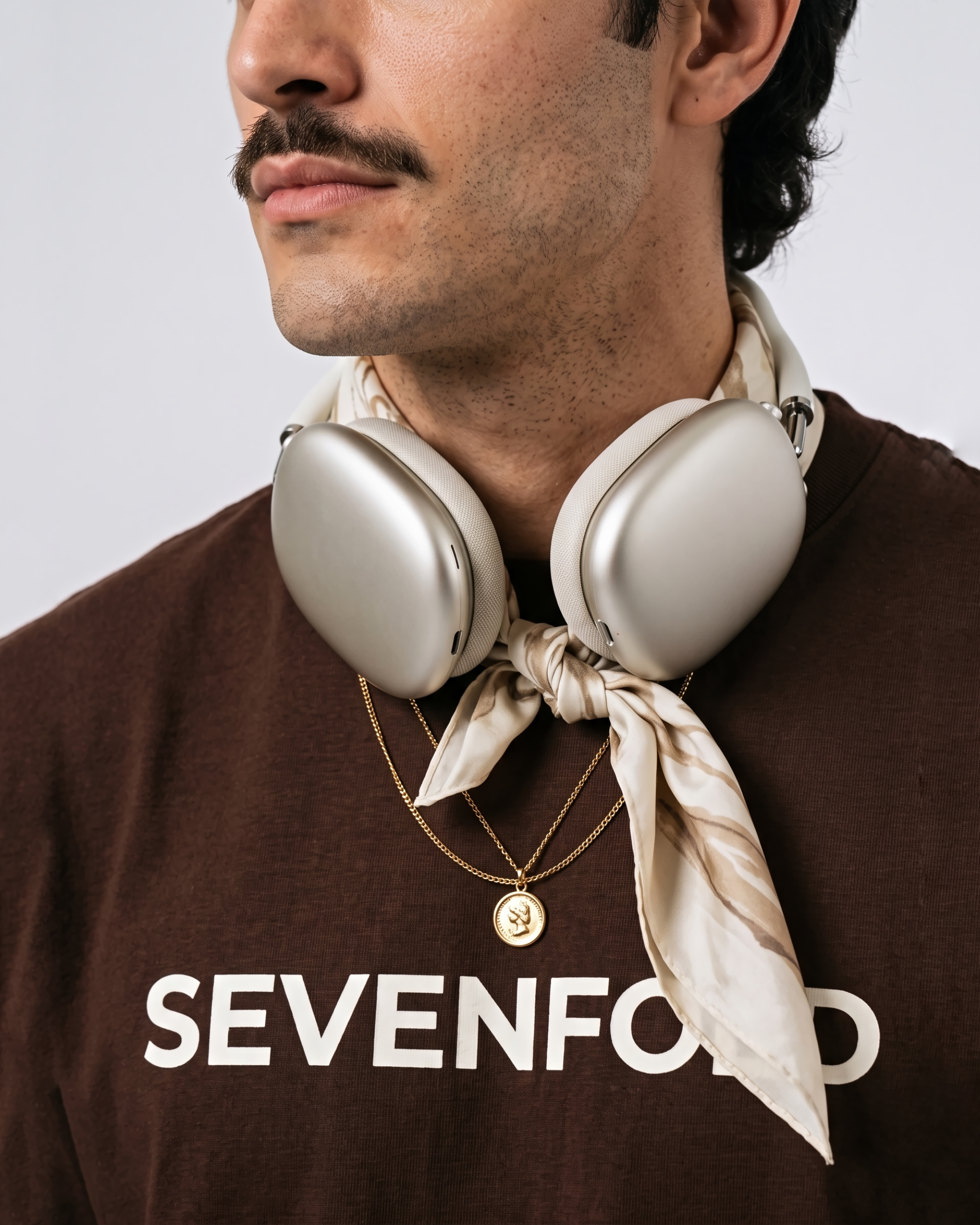 Close-up of brown Rome graphic T-shirt and SEVENFOLD logo