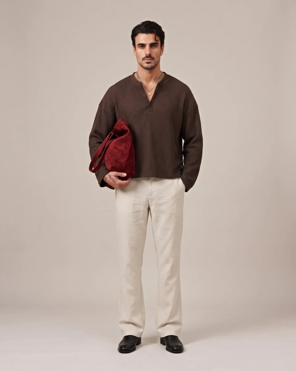 Brown Henley  – Premium Waffle Texture Long Sleeve Tee