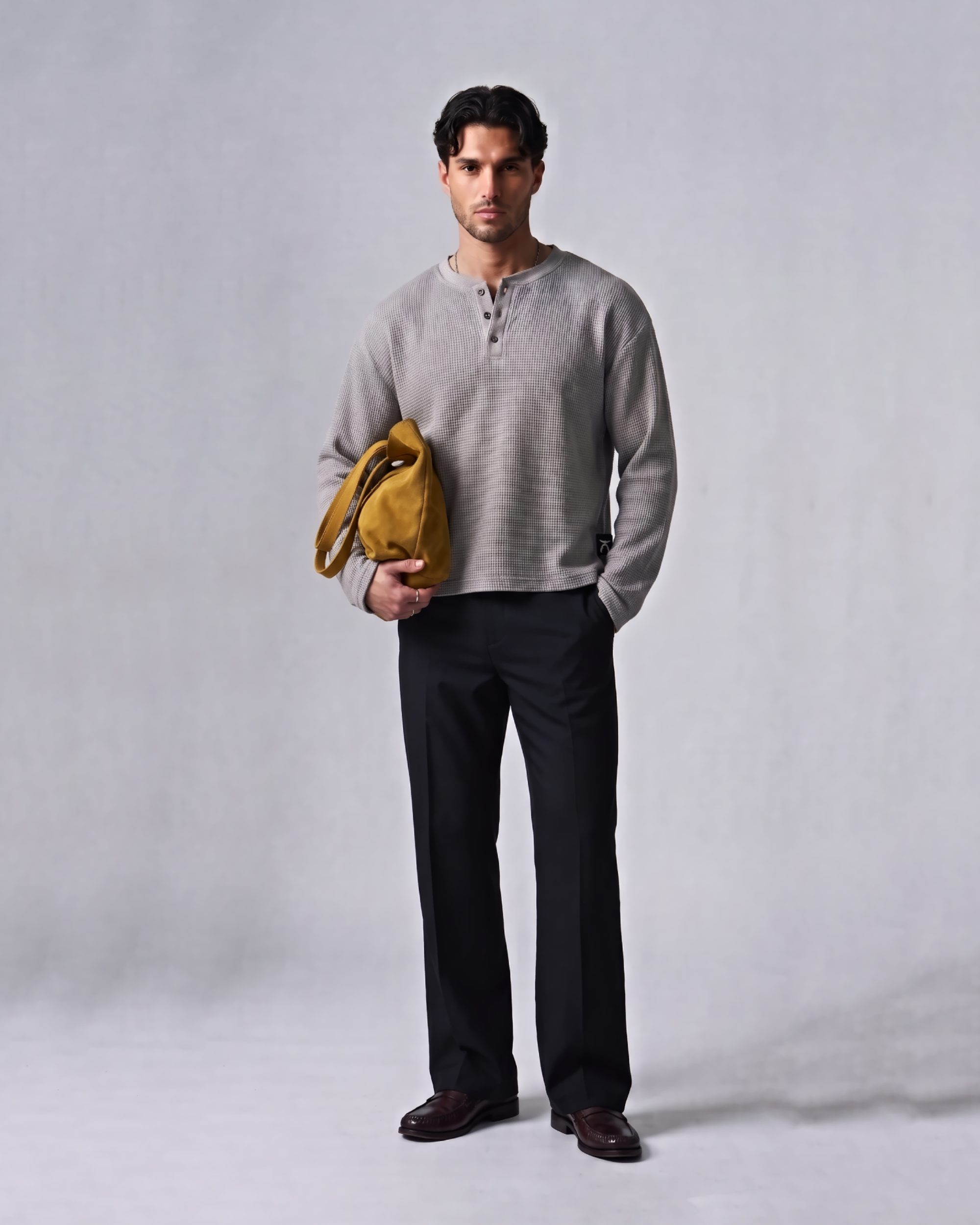SEVENFOLD grey Henley long sleeve T-shirt styled with black wide-leg trousers