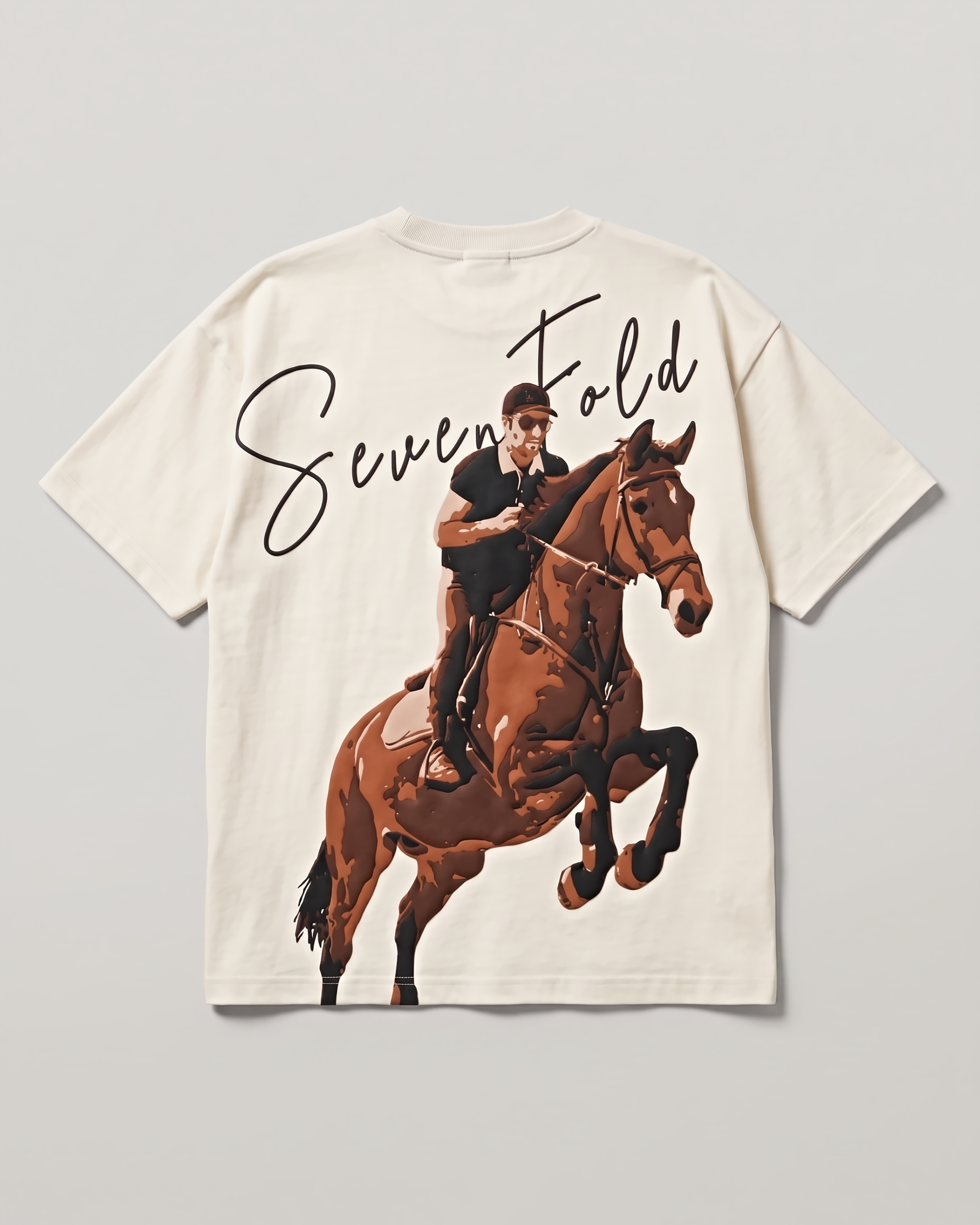 Ivory SEVENFOLD T-shirt displaying a large horse-riding graphic and signature lettering on the back
