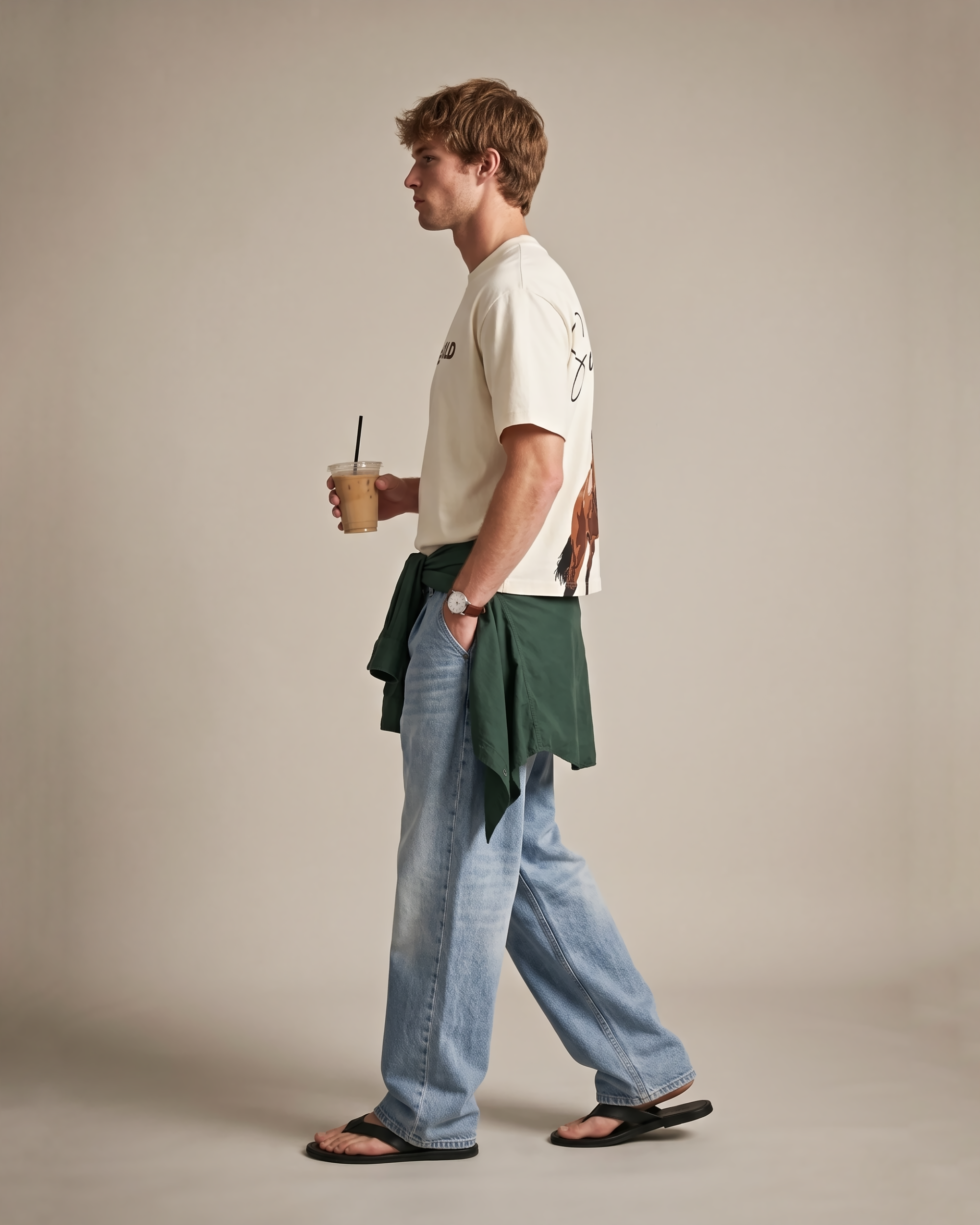 Side view of a model wearing a SEVENFOLD ivory logo T-shirt with relaxed blue jeans