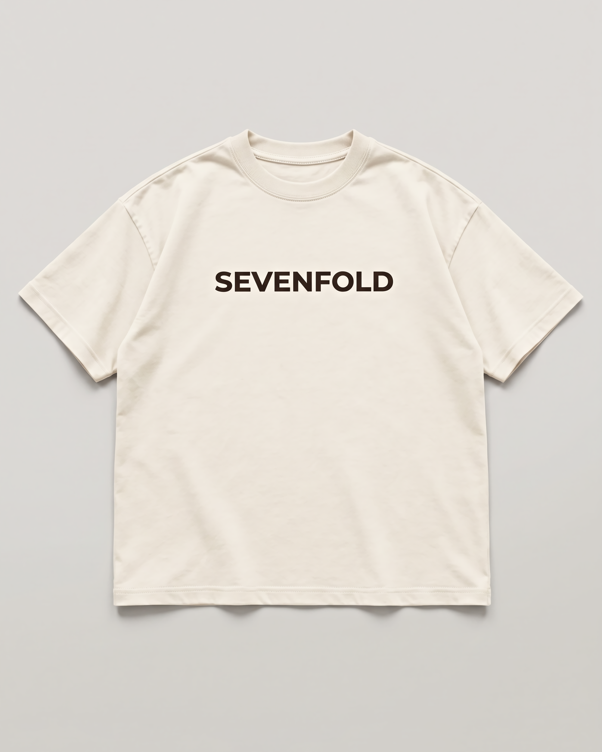Front product image of an ivory SEVENFOLD T-shirt with a centered dark logo