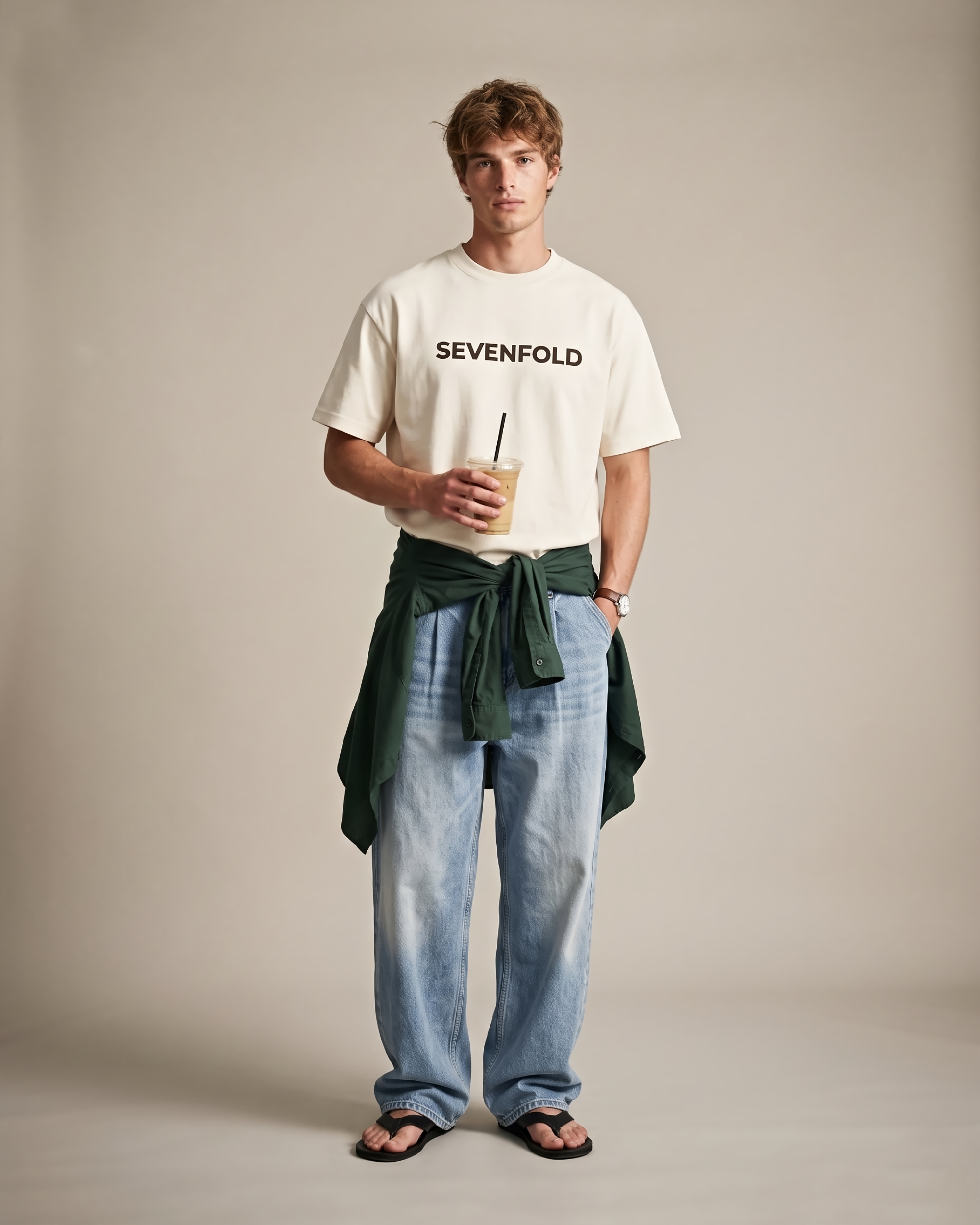 Front view of the ivory SEVENFOLD oversized T-shirt with a centered dark chest logo