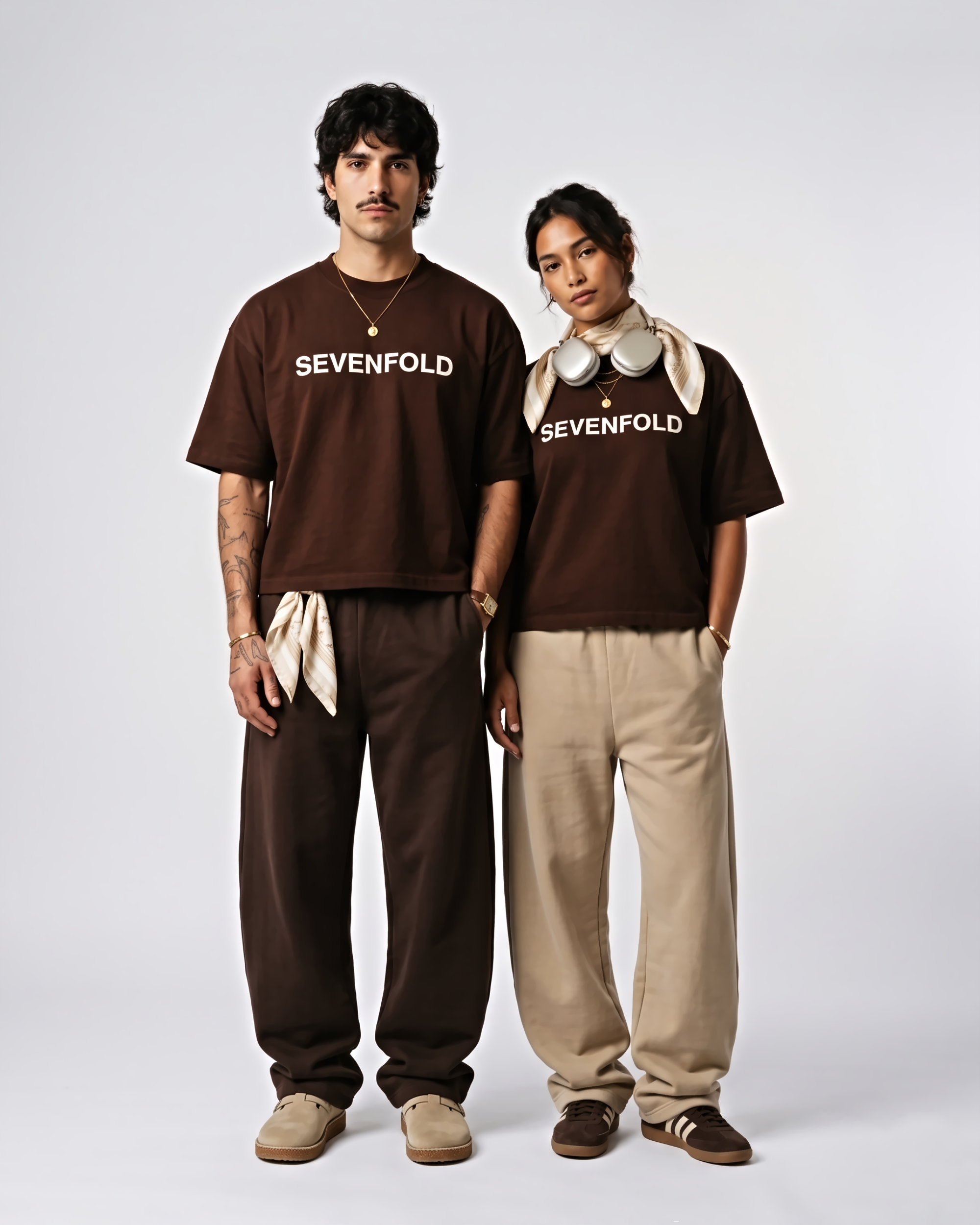 SEVENFOLD unisex brown oversized T-shirts styled with relaxed wide-leg trousers on male and female models