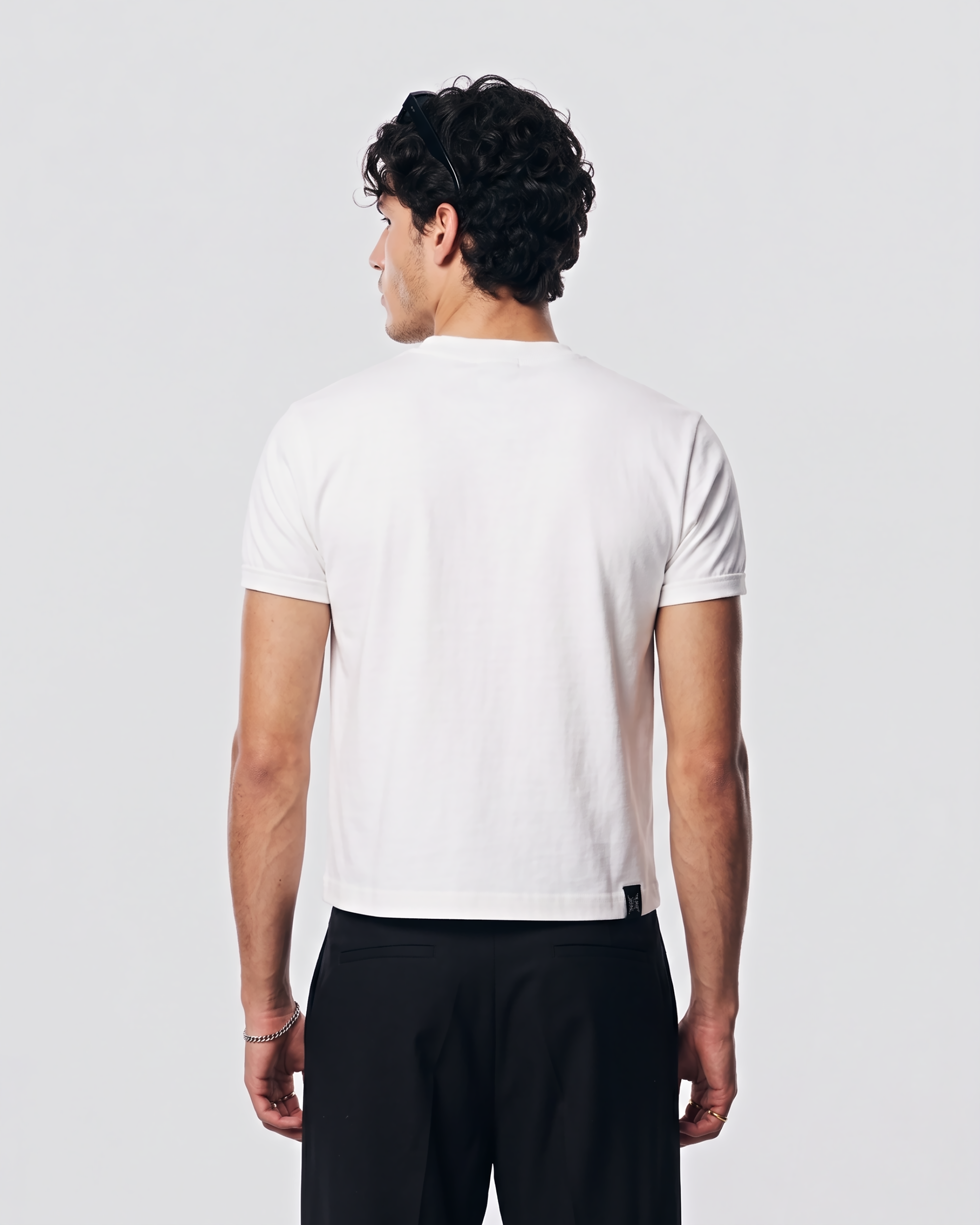 Back view of SEVENFOLD white muscle fit boxy cropped T-shirt for men