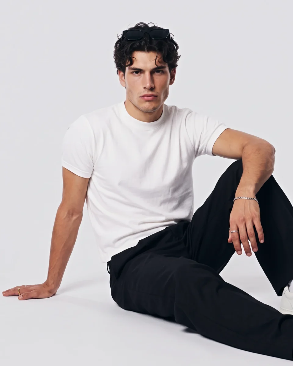 Model wearing the SEVENFOLD white muscle fit boxy cropped T-shirt in a seated pose