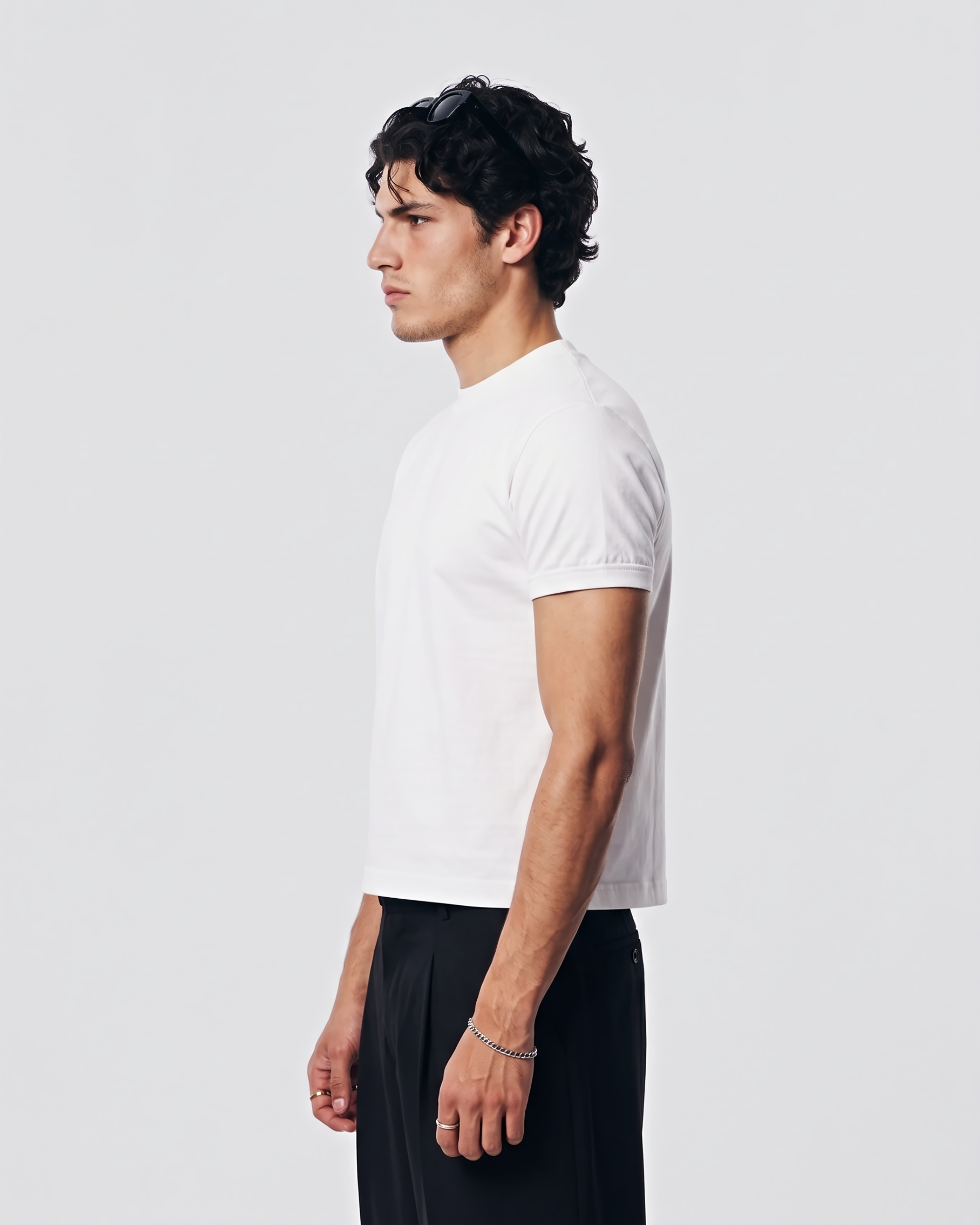 Side view of SEVENFOLD white muscle fit boxy cropped T-shirt for men